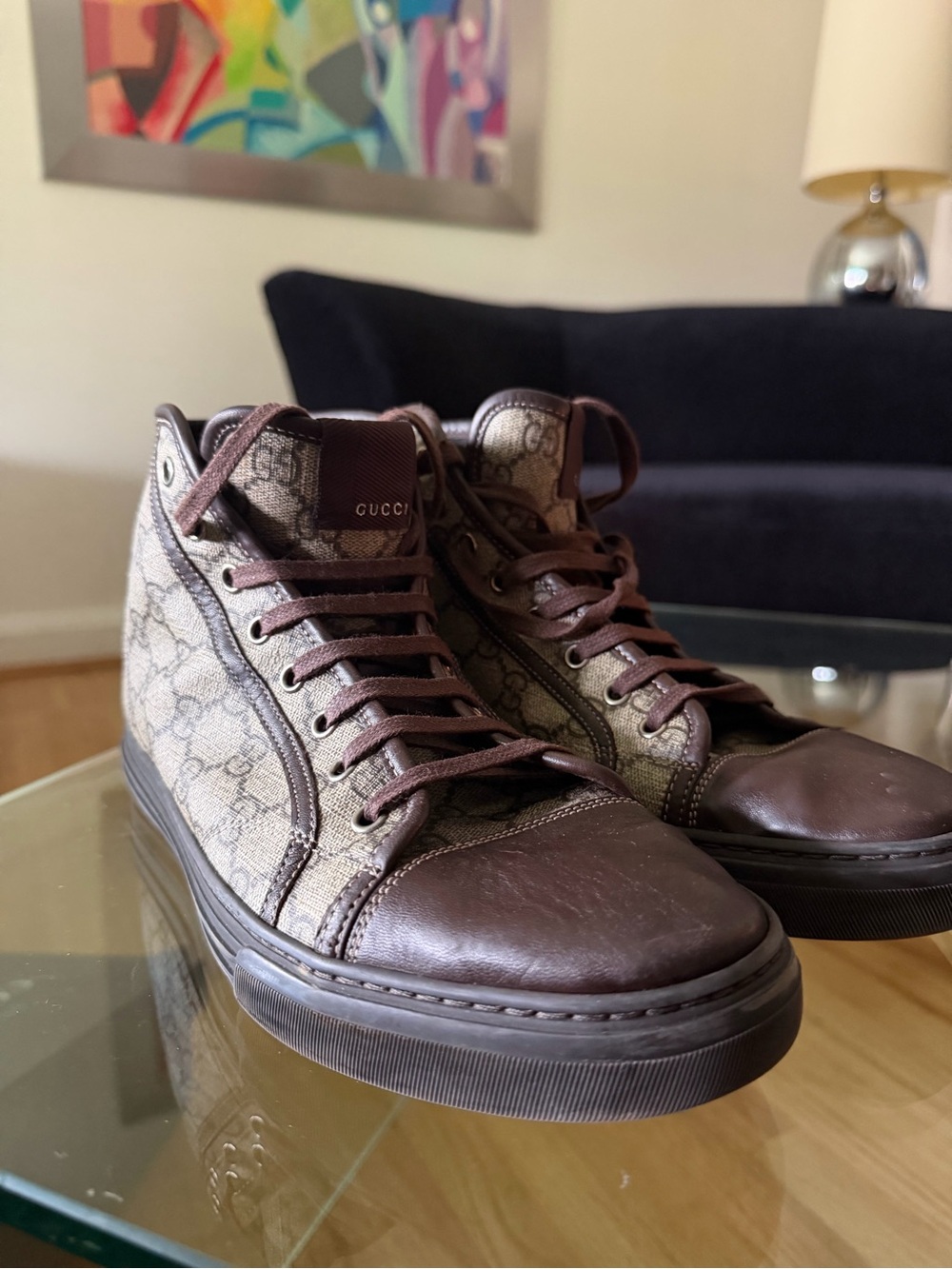 Gucci Men's Brown GG Canvas High-Top Sneakers with Leather Trim